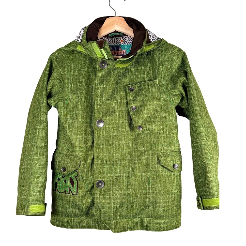 Burton Kids Ski Snowboard Jacket sz 7/8‎ Green Plaid Waterproof Hooded Insulated